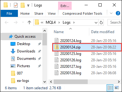 Zipped folder of MT4's Log Files